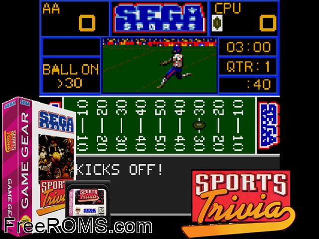 Sports Trivia Game Gear game showing 3D box cover and gameplay screenshot